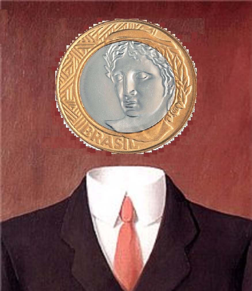 a moeda e o juiz, montagem inspirada no quadro Mnazna, de Magritte