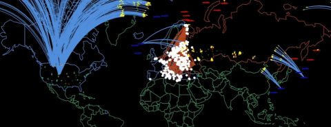 Mapa do mundo com locais que poderiam ser bombardeados em uma possível guerra nuclear entre Rússia e EUA-OTAN