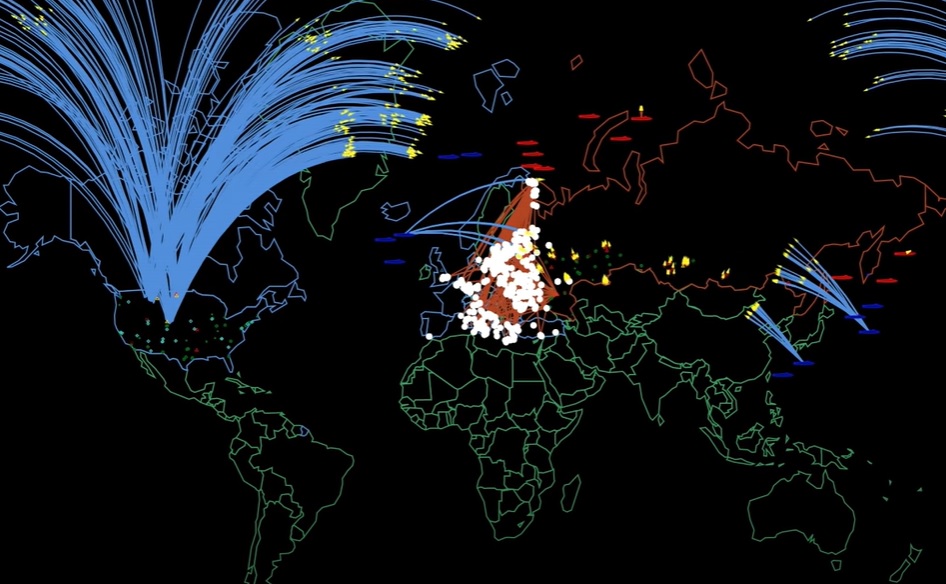 Mapa do mundo com locais que poderiam ser bombardeados em uma possível guerra nuclear entre Rússia e EUA-OTAN