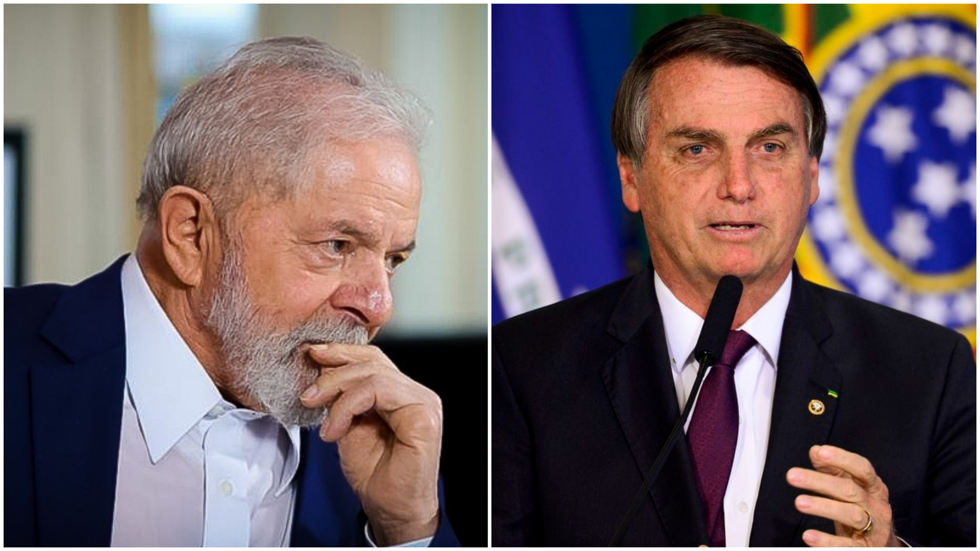 Lula com a mão no bigode e olhar de atenção, na foto ao lado Jair Bolsonaro de frente para a câmera falando ao microfone