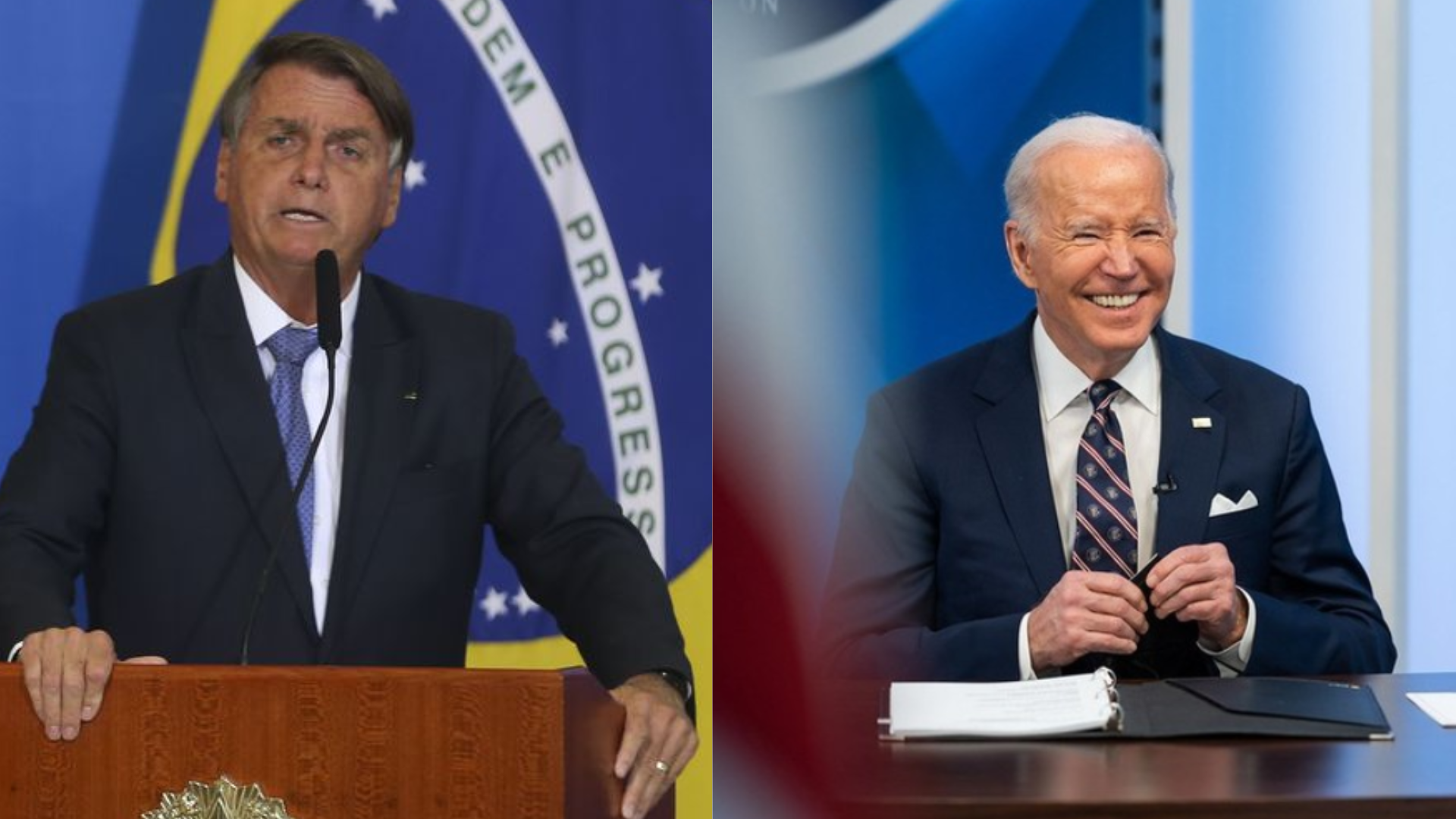 Bolsonaro do lado esquerdo e Biden do lado direito