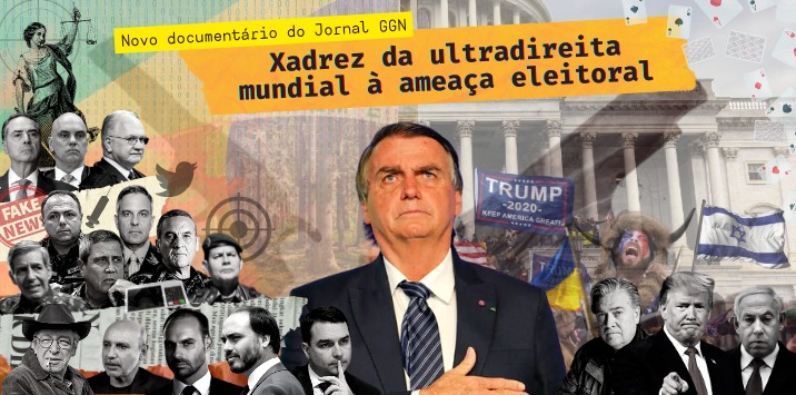 Jair Bolsonaro ao lado dos militares e seus filhos, além de figuras da ultradireita mundial