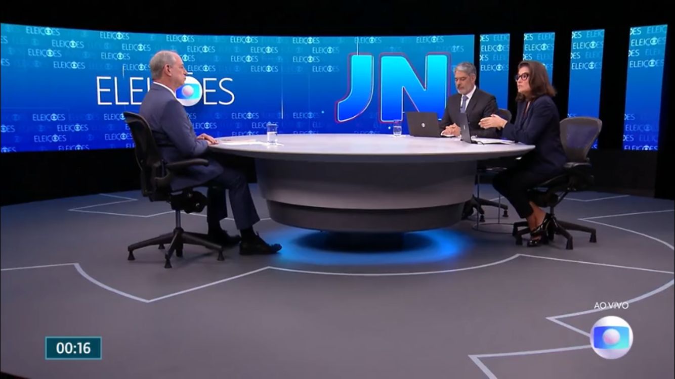 Ciro Gomes, William Bonner e Renata Vasconcelos no Jornal Nacional