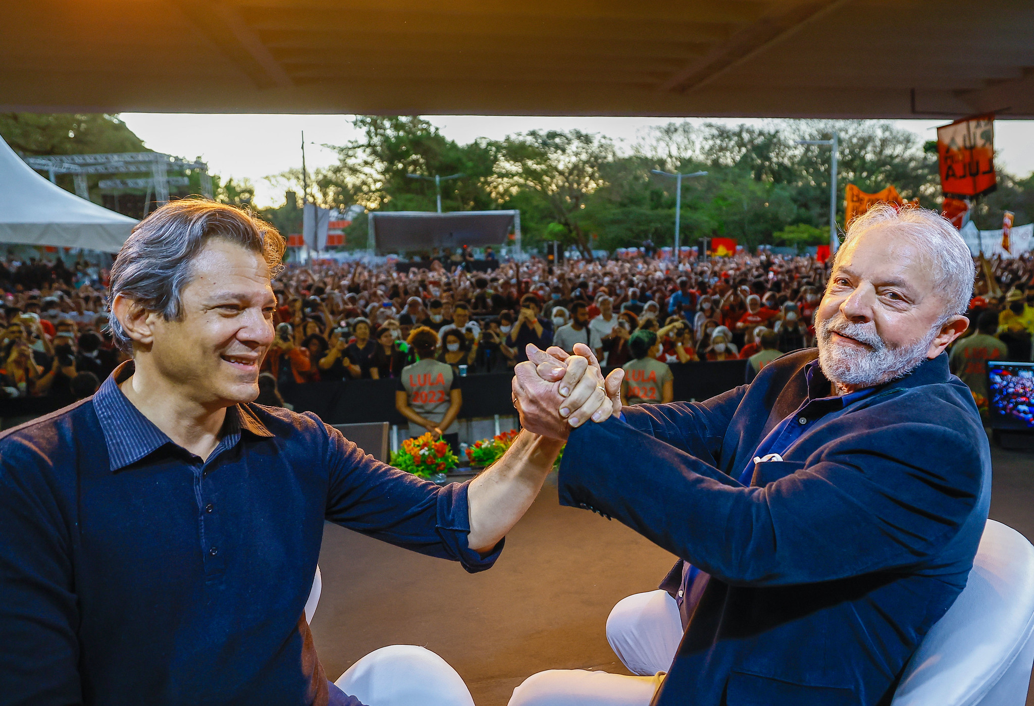 Fernando Haddad e Lula em ato na USP, em 15 de agosto de 2022. Foto: Ricardo Stuckert
