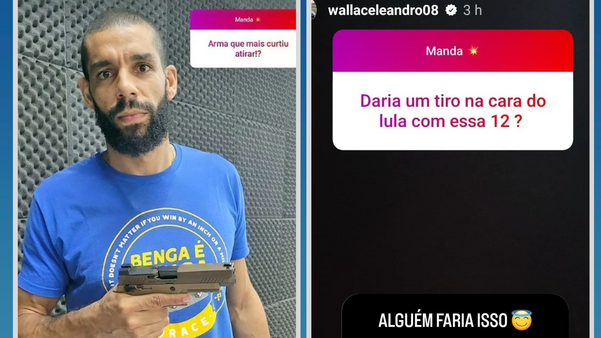 O jogador de vôlei Wallace aparece em post do Instagram segurando uma arma e, ao lado, reprodução da publicação em que pergunta se alguém daria um tiro na cara do presidente Lula.