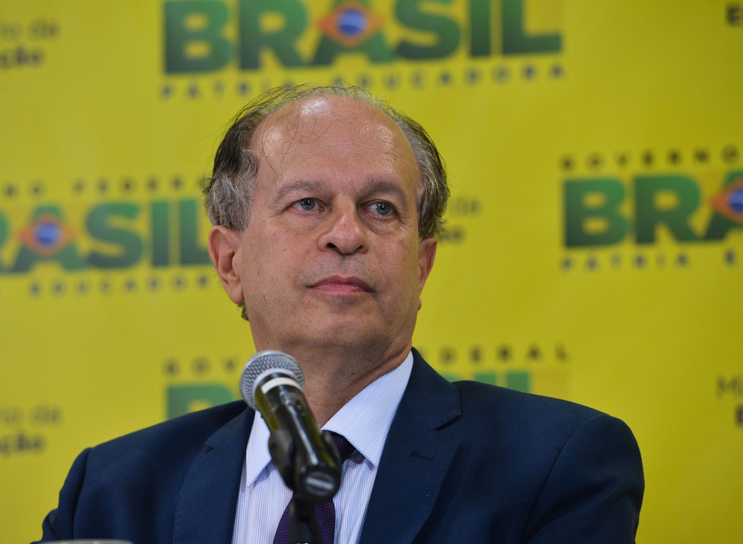Renato Janine é fotografado em diante da logomarca do governo federal