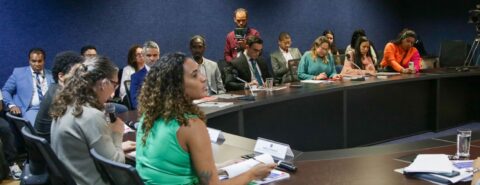 Grupo técnico reunido em uma mesa são fotografados enquanto apresentam o relatório