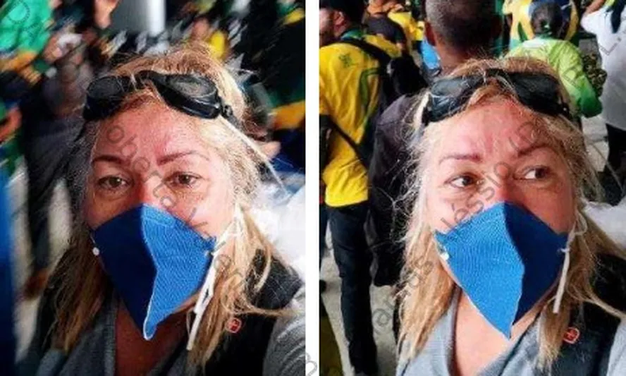 Rosto da investigada Jussara coberto por uma máscara durante os atos golpistas de 8 de janeiro