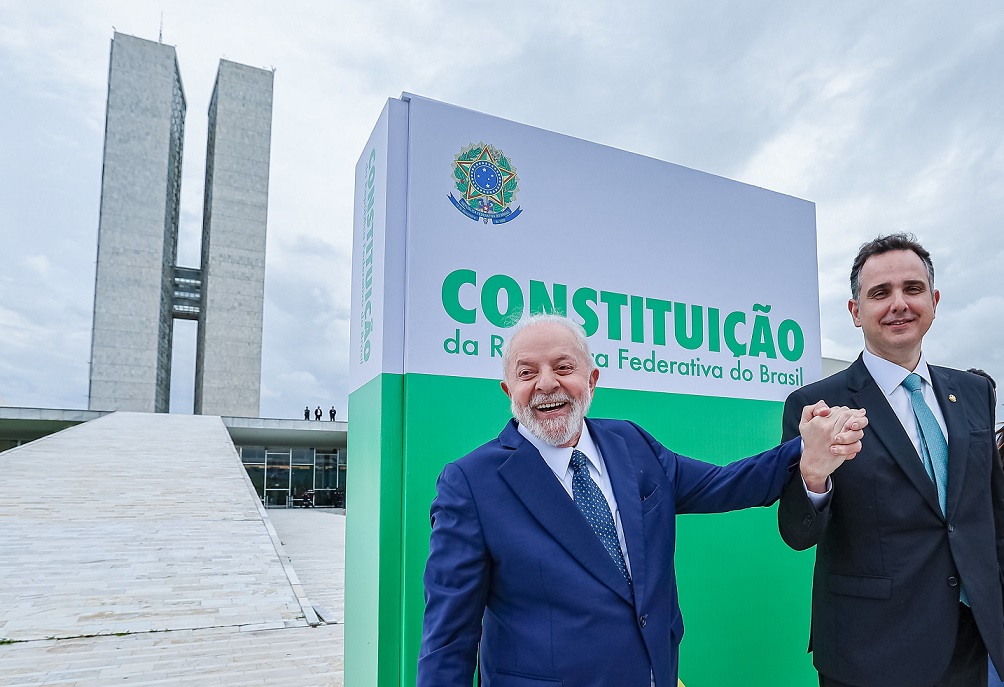 O presidente da República, Lula, e o presidente do Senado, Rodrigo Pacheco, em ato que marcou o primeiro aniversário do atentado de 8/1. Foto: Ricardo Stuckert