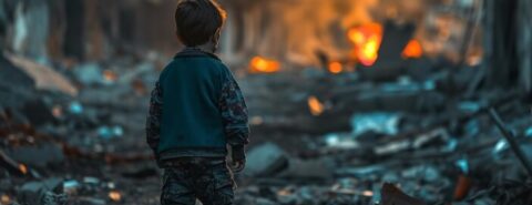 Menino vê ruínas de uma cidade bombardeada. Uma alusão à guerra de Israel em Gaza, contra o povo palestino, após ataque do Hamas. Foto: Freepik