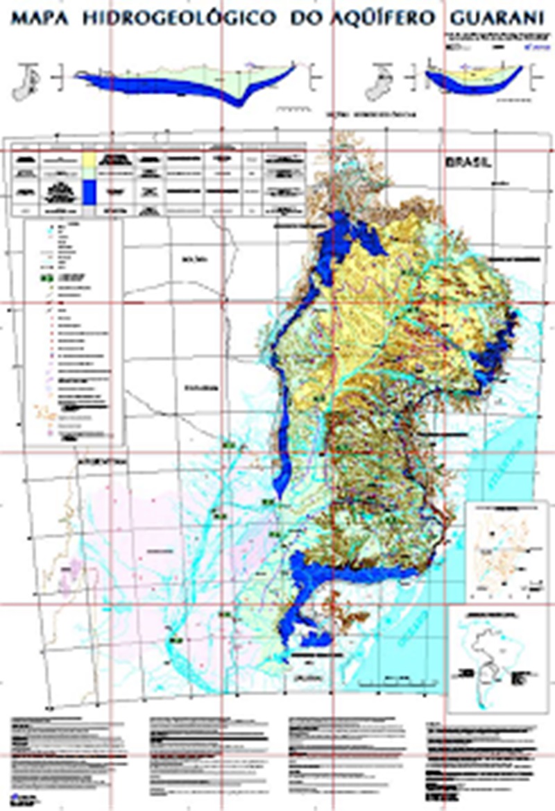 Fac-símile do “Mapa Hidrogeológico do Aqüífero Guarani”. Autor: Heraldo Campos.