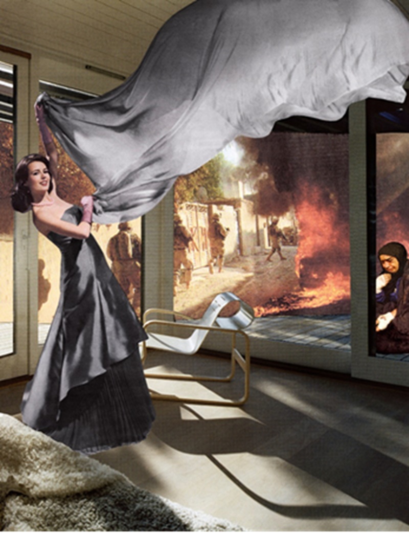 Martha Rosler, The Gray Drape , 2008. Da série "House Beautiful: Bringing the War Home, nova série", 2008. Fotomontagens. Galerie Nagel Draxler, Berlim/Colônia/Munique.