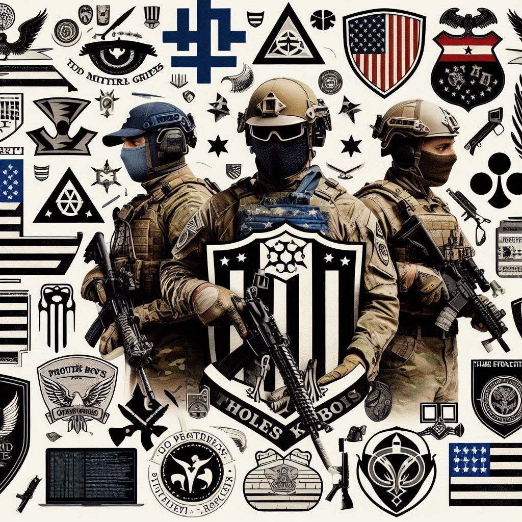 A collage-style image showing the logos and uniforms of American far-right militia groups Proud Boy