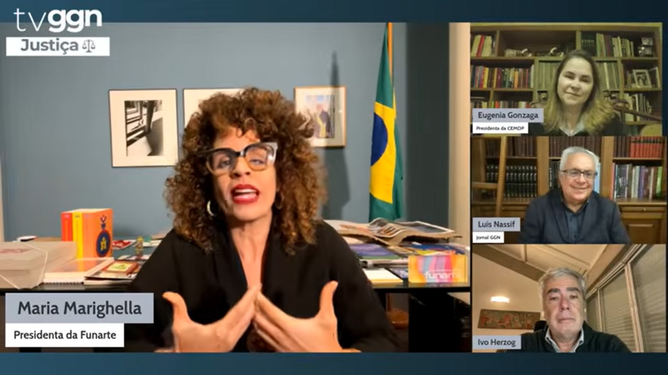 Presidente da Funarte e neta de Carlos Marighella, Maria Marighella em entrevista ao programa TVGGN Justiça. Reprodução/YouTubeTVGGN