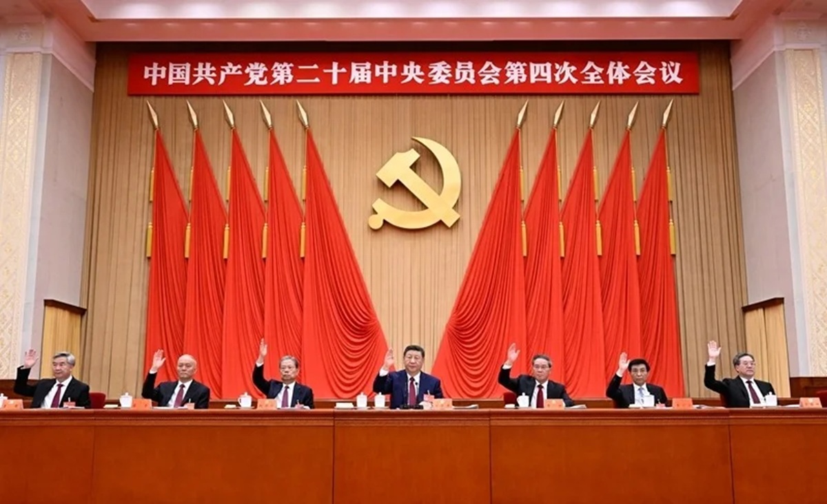 Xi Jinping, Li Qiang, Zhao Leji, Wang Huning, Cai Qi, Ding Xuexiang and Li Xi attend the fourth plenary session of the 20th Communist Party of China (CPC) Central Committee in Beijing, capital of China. The 20th Central Committee of the CPC convened its fourth plenary session in Beijing from Monday to Thursday. [Photo/Xinhua]