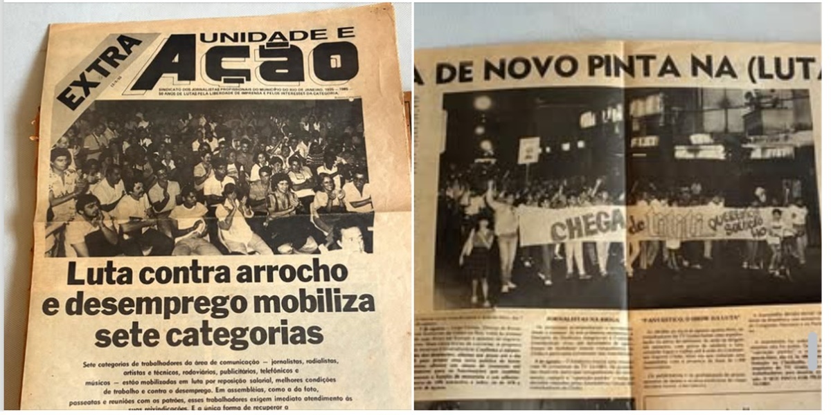 Edição extra do jornal "Unidade e Ação" de 13 de agosto de 1985 com fotos das assembleias, da passeata com centenas de funcionários da TV Globo nas ruas do Jardim Botânico, da jornalista Monica Horta e do ator Stepan Nercessian debatendo com os trabalhadores os rumos do movimento (Fotos: Roberto Cerqueira)