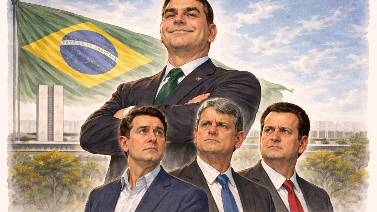 Ratinho Jr., Tarcísio de Freitas e Gilberto Cassab dominados por Flávio Bolsonaro – Imagem gerada por IA ChatGPT.