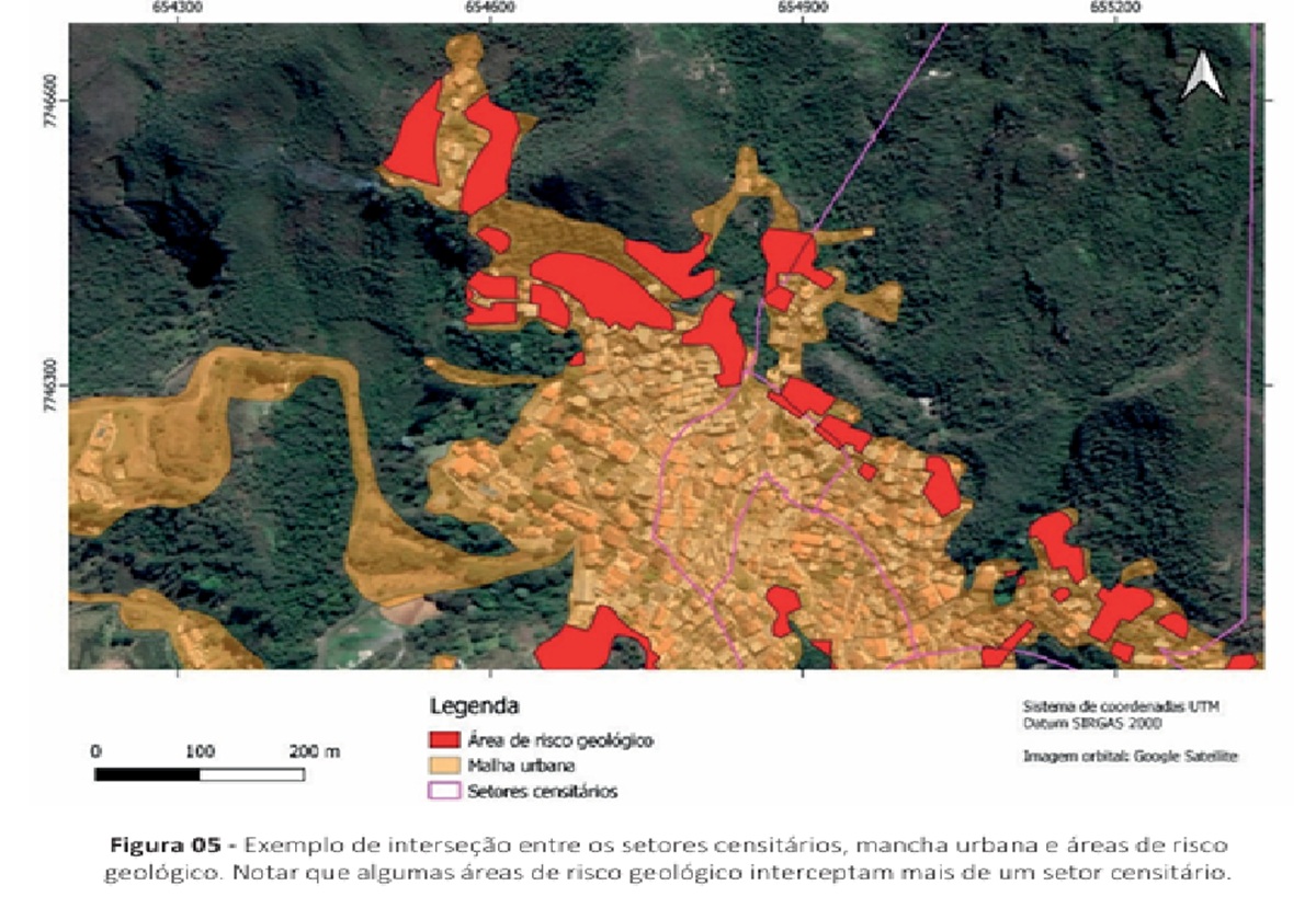 Fac-símile de imagem de satélite com áreas de risco geológico em Juiz de Fora. Fonte: “Diagnóstico da população em áreas de risco geológico, Juiz de Fora, MG”. Publicação do Serviço Geológico do Brasil – CPRM em 2021.