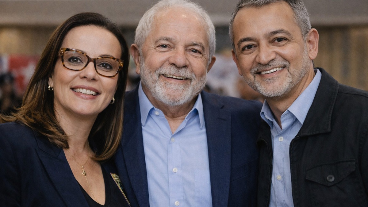 Juliana Brizola, Luiz Inácio Lula da Silva e Edegar Pretto – Imagem gerada por IA ChatGPT