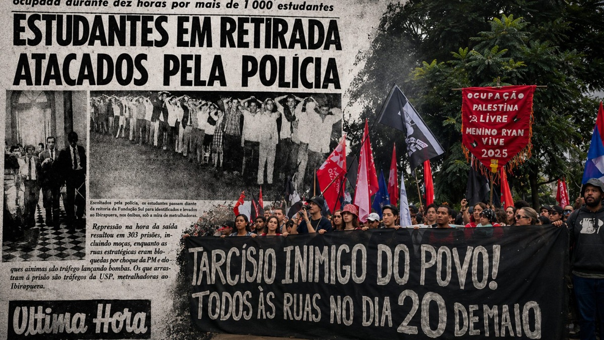 Foto-composição a partir de facsimile da capa do jornal Última Hora de maio de 1968 noticiando a prisão de estudantes no Congresso da UNE – União Nacional de Estudantes e de foto da marcha em São Paulo que unificou as pautas das instituições de ensino superior em 20 de maio de 2026| Kaique Dalapola/Brasil de Fato | Foto-composição gerada por IA ChatGPT