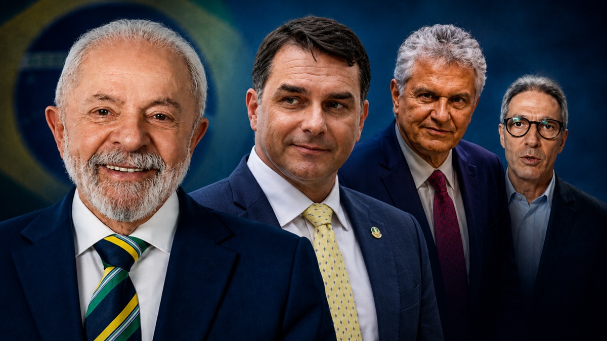 Foto montagem – Presidente da República Luís Inácio Lula da Silva; senador Flávio Bolsonaro; governador de Goiás, Ronaldo Caiado e governador de Minas Gerais, Romeu Zema. - Gerada por IA