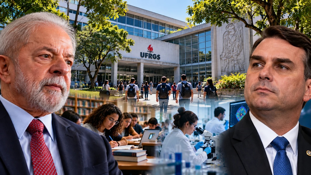 Os programas de Lula e Flávio Bolsonaro apresentam diferentes propostas para a gestão universitária e as prioridades da pesquisa científica brasileira. Crédito: Imagem produzida com inteligência artificial para a Rede Estação Democracia.