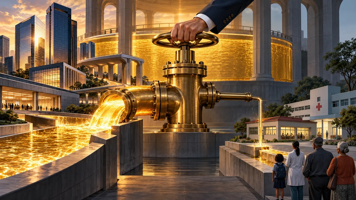 A disputa não é apenas pelo tamanho do Estado, mas pelo controle da válvula que determina quais grupos recebem a maior parcela dos recursos públicos. Crédito: Ilustração produzida por inteligência artificial para a Rede Estação Democracia.